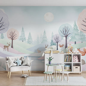Snowy forest wallpaper creating peaceful woodland nursery decor with soft pink trees