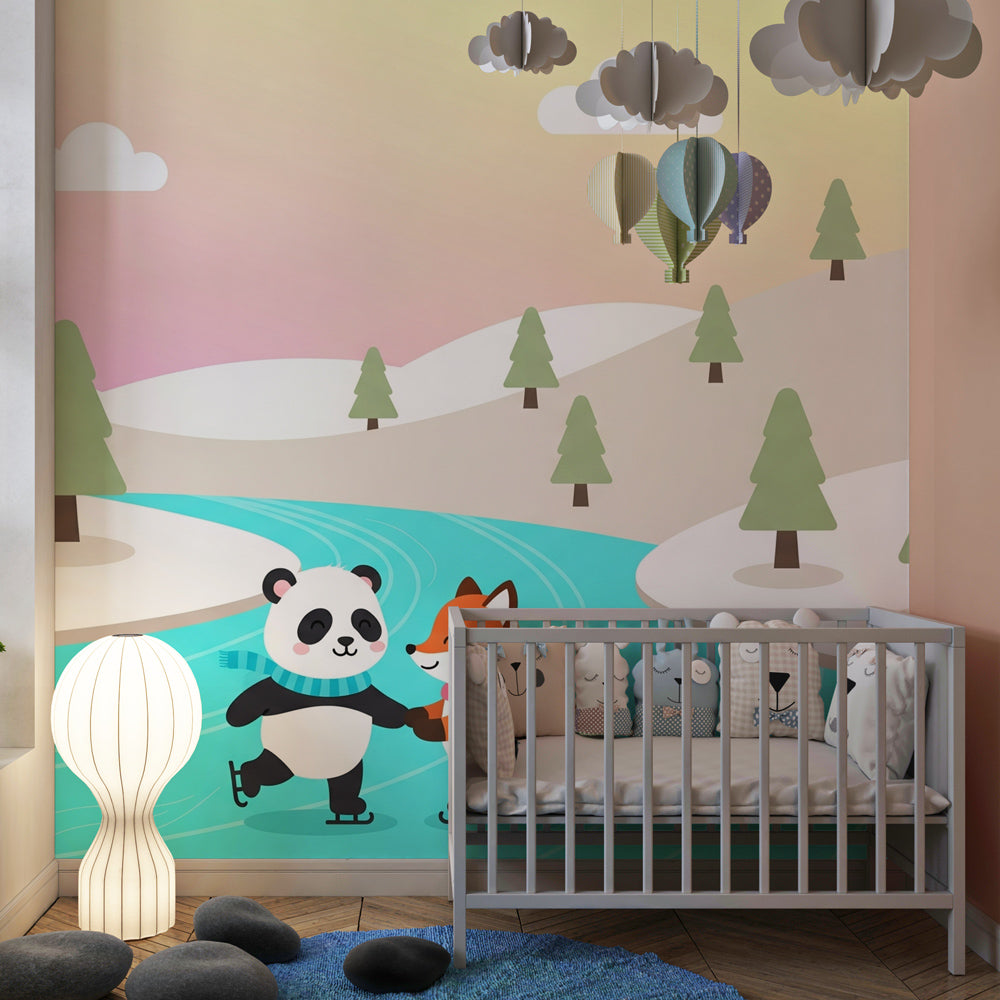 Ice skating animals wallpaper creating magical winter atmosphere in children's bedroom