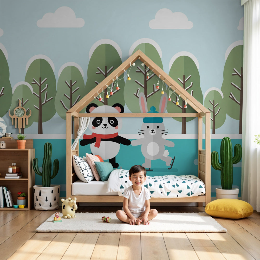 Winter animals mural wallpaper with panda and rabbit ice skating in cozy nursery by Kids-Mundo
