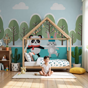 Winter animals mural wallpaper with panda and rabbit ice skating in cozy nursery by Kids-Mundo