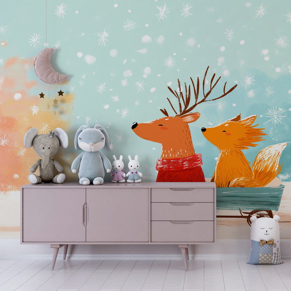 Holiday themed winter animals wallpaper transforming children's playroom decor