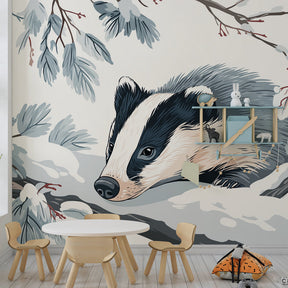 Snowy branch badger wallpaper creating cozy winter atmosphere in children's bedroom