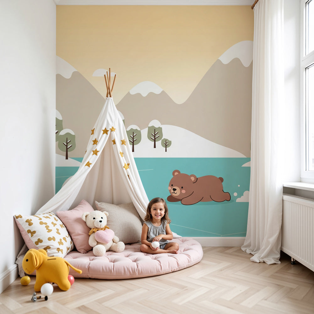 Winter bear mural wallpaper creating cozy arctic nursery atmosphere by Kids-Mundo