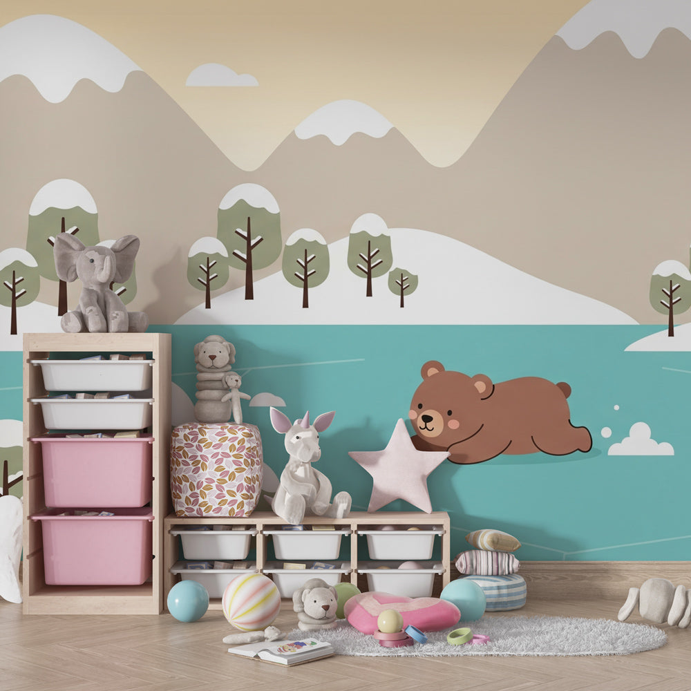 Soft pastel bear mural wallpaper transforming modern nursery into winter wonderland