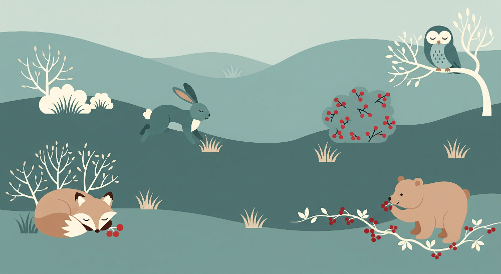 Fox, Bear and Owl Winter Berry Wall Mural
