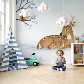 Winter deer mural wallpaper in modern baby nursery with natural wood crib by Kids-Mundo