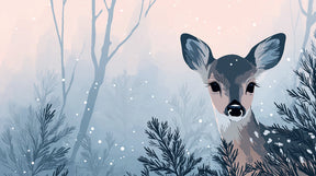 Detailed winter deer mural wallpaper design pattern showing fawn in snowy forest by Kids-Mundo