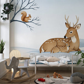 Gentle deer and fawn wallpaper creating serene woodland nursery decor atmosphere