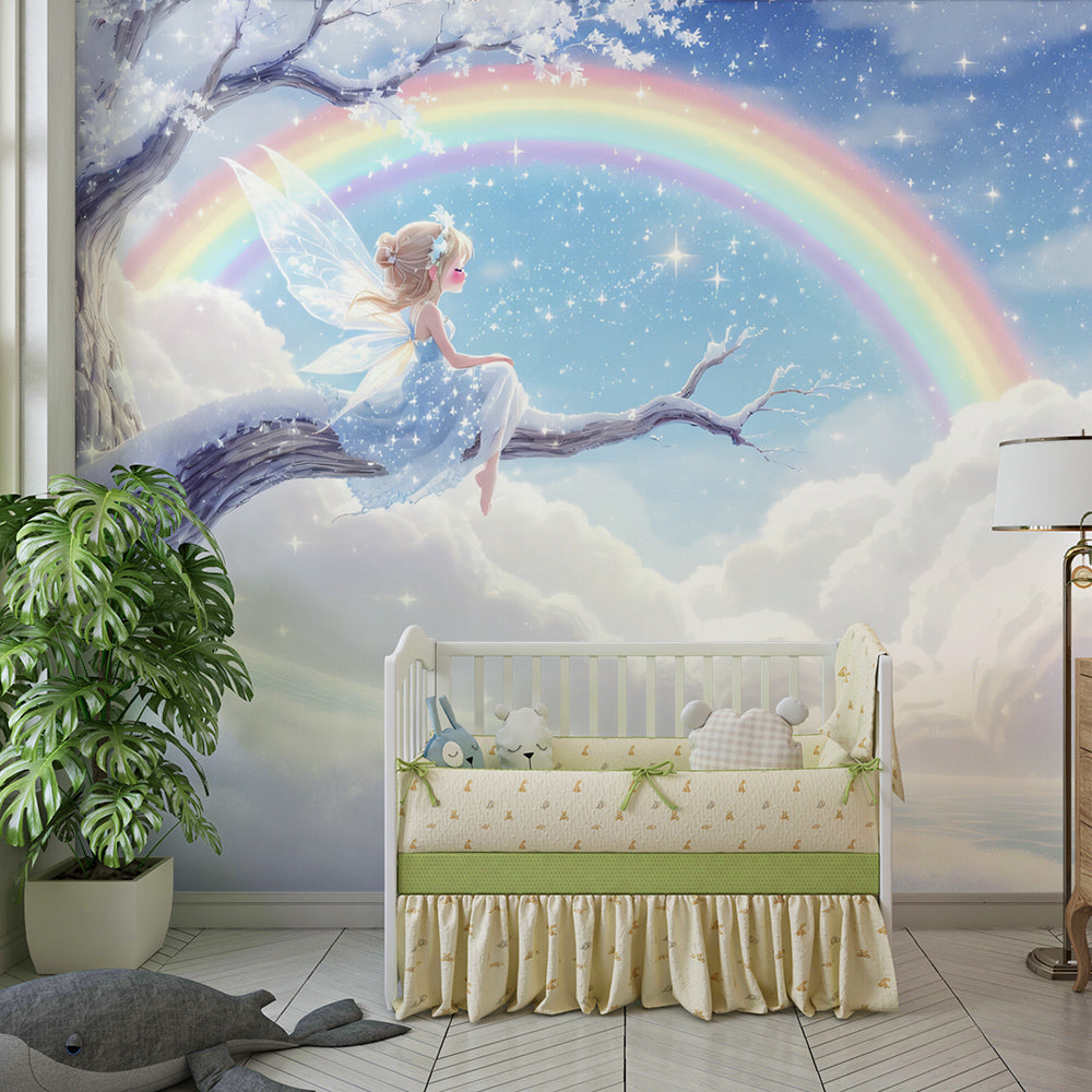 Kids-Mundo fairy and rainbow wall mural behind a bed in a calm, wintery kids bedroom