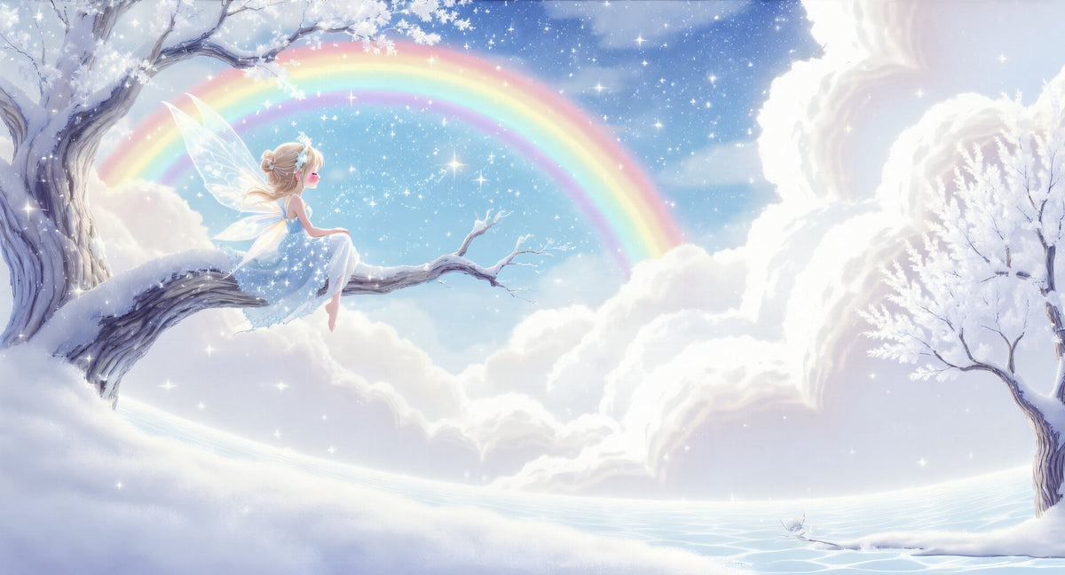 Winter Fairy on a Snowy Branch with Rainbow Wall Mural