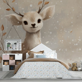 Snowy forest fawn wallpaper creating magical woodland atmosphere in kids bedroom
