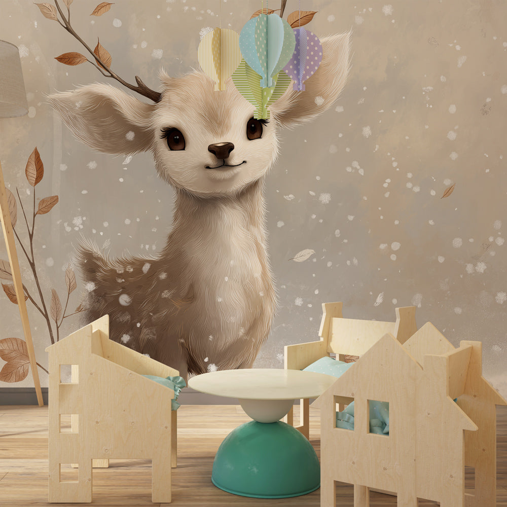 Winter animal mural wallpaper transforming children's playroom into enchanting forest scene