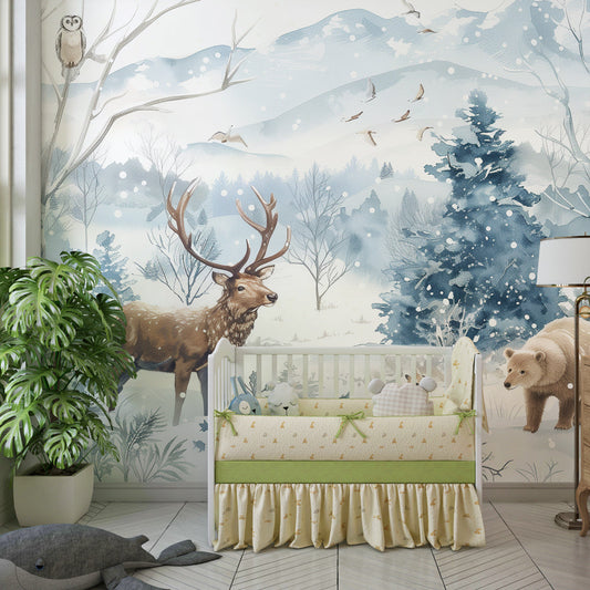 Kids-Mundo winter woodland wall mural with deer and bear on a kids bedroom feature wall.