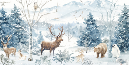 Kids-Mundo flat artwork preview of the snowy forest animals wall mural in soft blue tones.