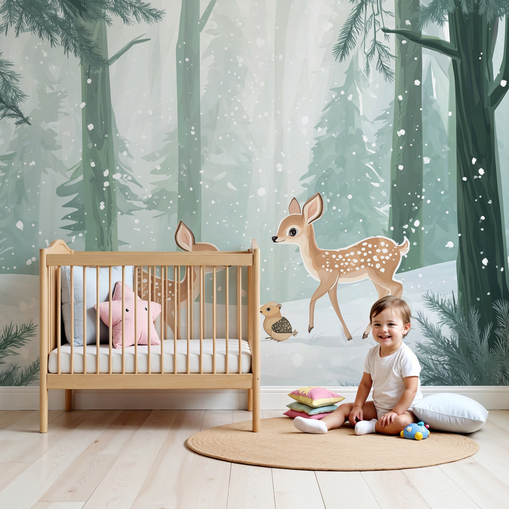 Winter forest mural wallpaper with baby deer in serene nursery setting by Kids-Mundo