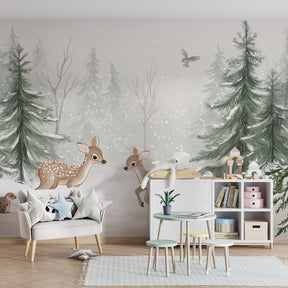 Gentle woodland animal wallpaper transforming children's bedroom into winter wonderland