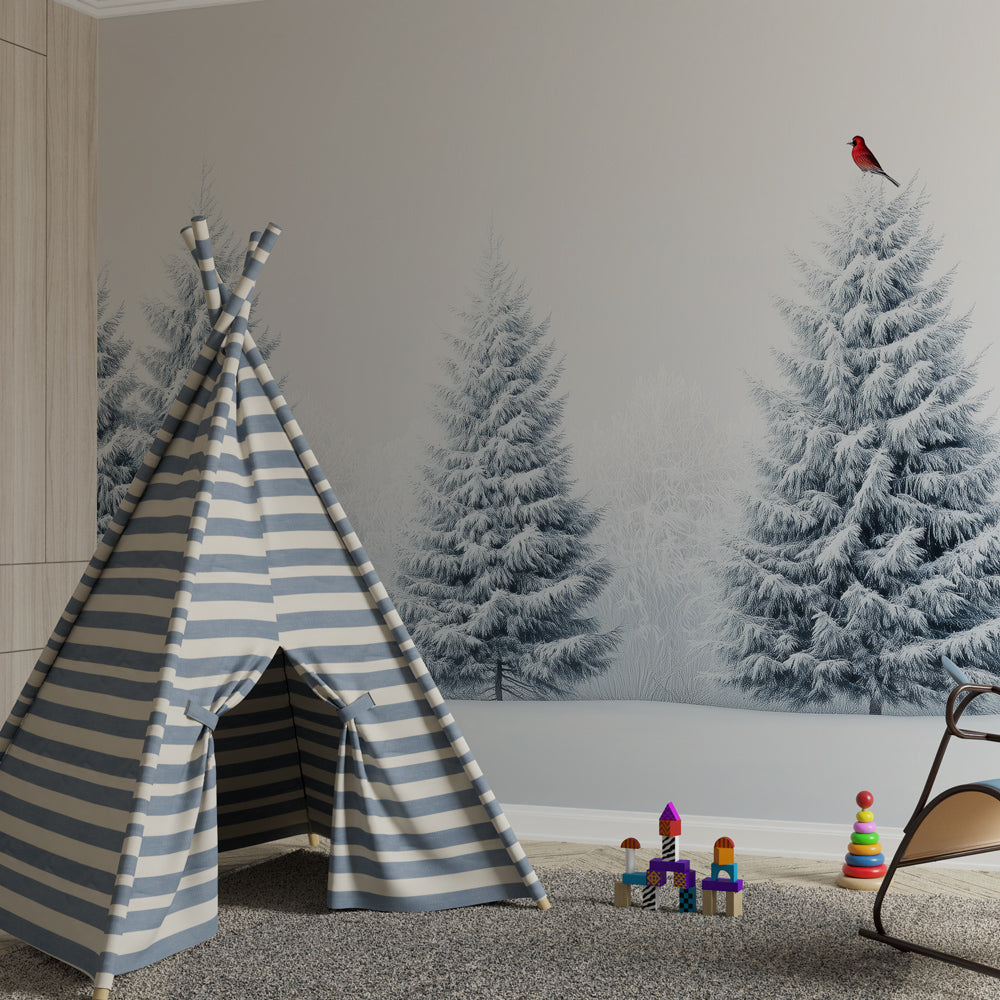 Snowy evergreen forest wallpaper creating peaceful winter atmosphere in children's bedroom