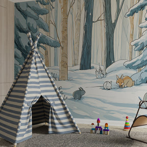 Snowy forest wallpaper creating magical winter atmosphere in kids bedroom decor