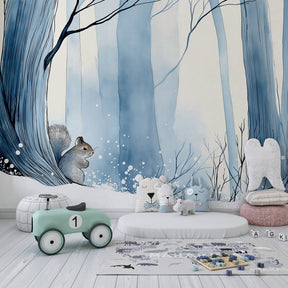 Snow-covered forest wallpaper transforming kids bedroom into winter wonderland sanctuary