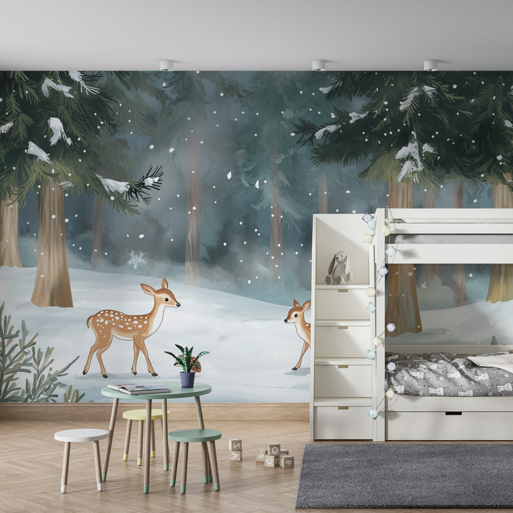 Enchanted woodland wallpaper transforming kids bedroom into magical winter forest scene