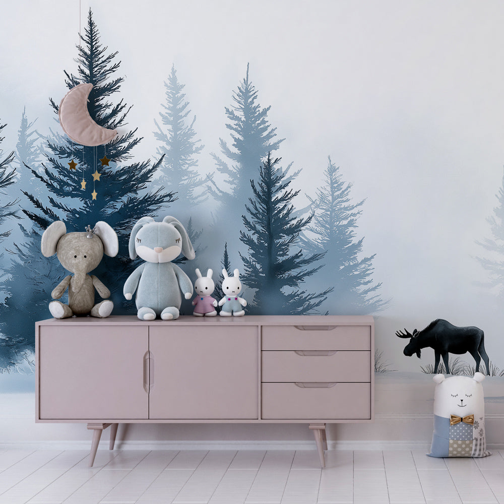 Elk winter forest wallpaper creating magical snowy atmosphere in children's bedroom