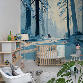 Mystical winter woodland wallpaper with animal tracks decorating cozy children's bedroom