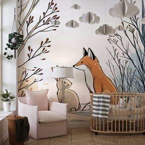 Woodland animals mural wallpaper creating magical winter atmosphere in children's bedroom