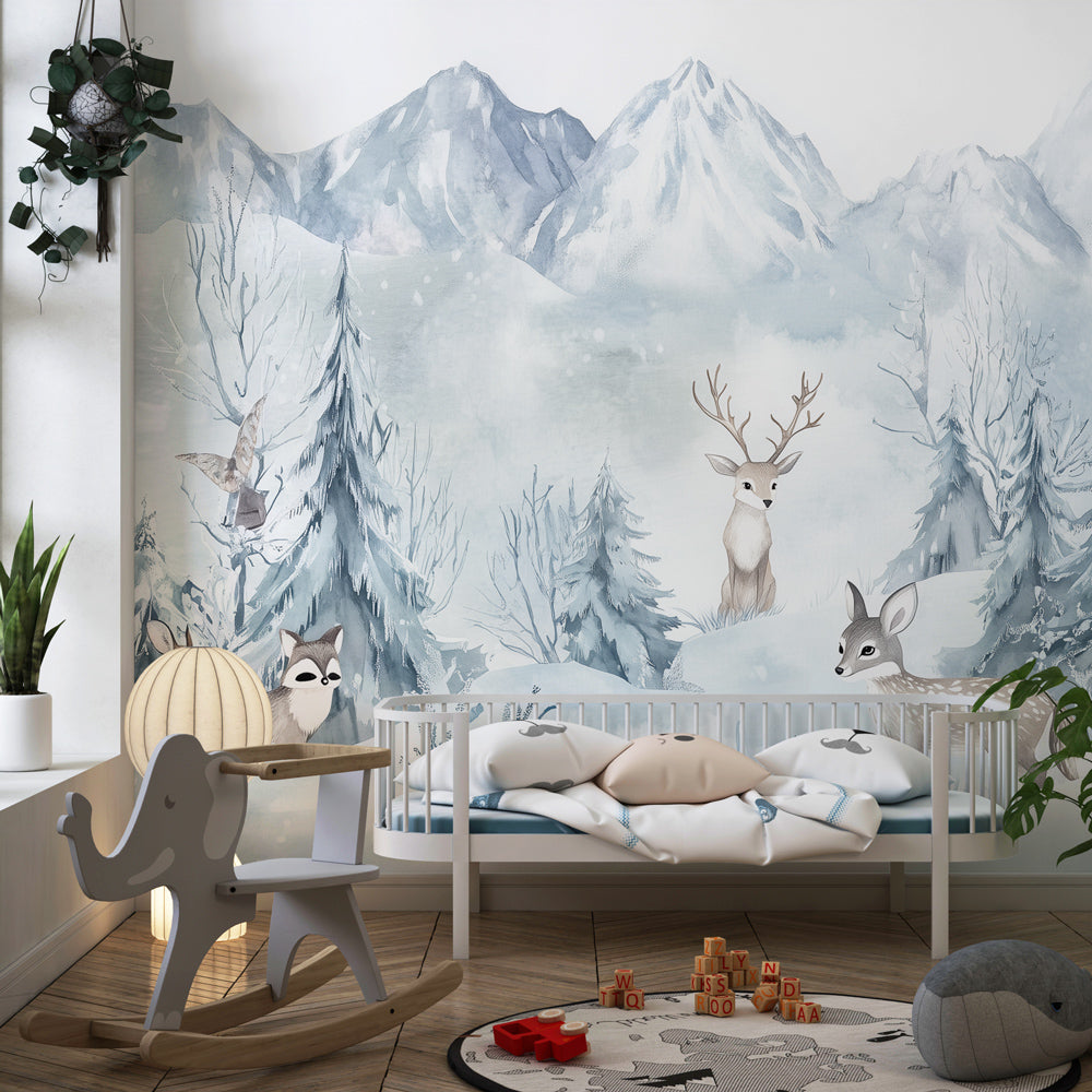 Nordic forest mural wallpaper with soothing blue colors for children's room by Kids-Mundo