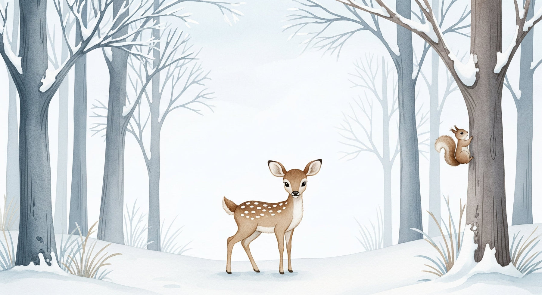 Detailed winter forest mural wallpaper design pattern featuring deer and squirrel by Kids-Mundo