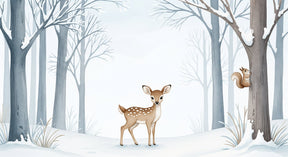 Detailed winter forest mural wallpaper design pattern featuring deer and squirrel by Kids-Mundo