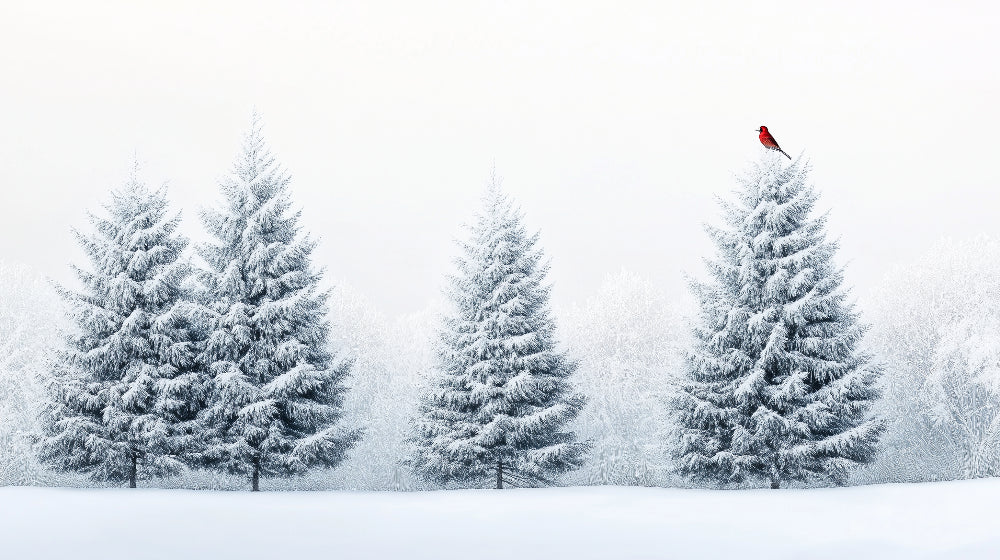 Detailed winter forest mural wallpaper design pattern with snowy trees and cardinal by Kids-Mundo