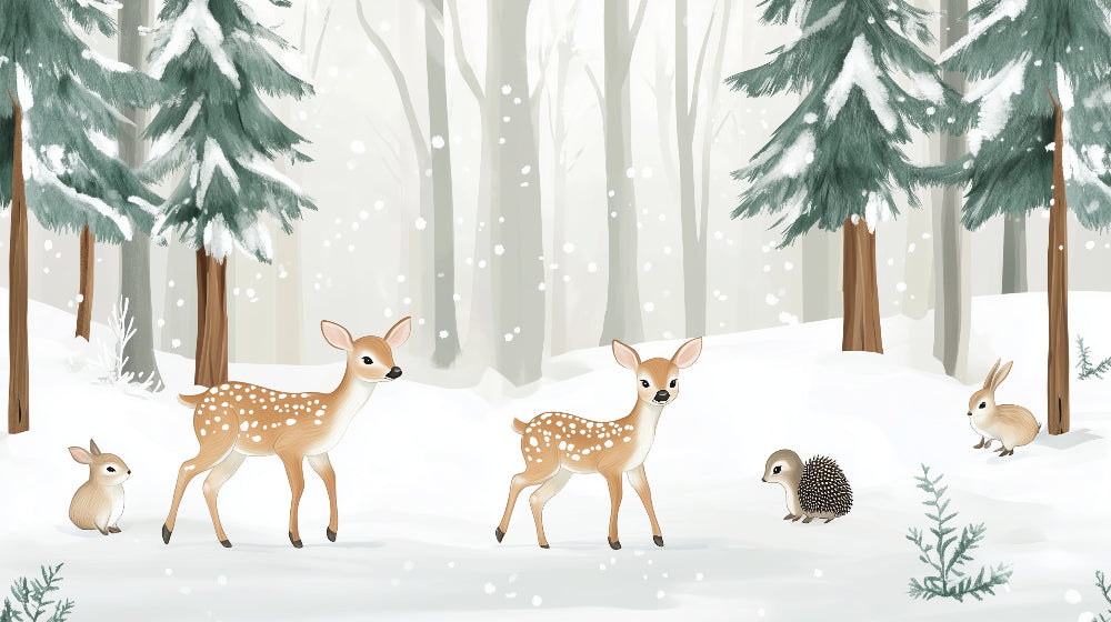 Detailed winter forest mural wallpaper design pattern with fawns and snowflakes by Kids-Mundo