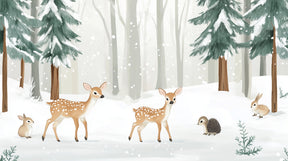 Detailed winter forest mural wallpaper design pattern with fawns and snowflakes by Kids-Mundo