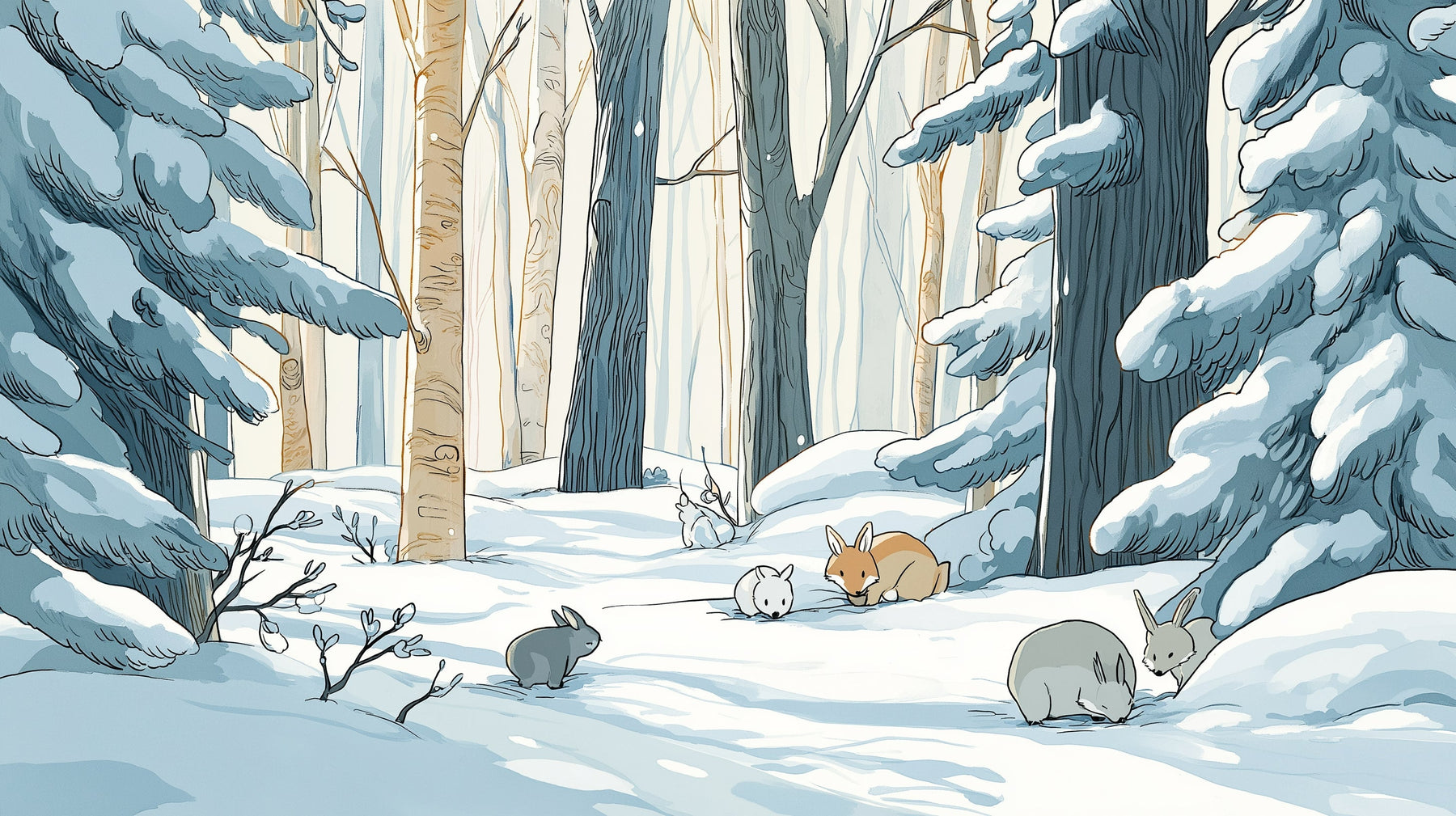 Detailed winter forest mural wallpaper design pattern with snowy trees and animals by Kids-Mundo