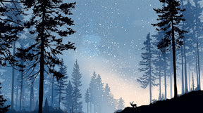 Detailed winter forest mural wallpaper design pattern with snow-covered trees and deer by Kids-Mundo