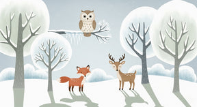 Detailed winter woodland animals mural wallpaper design pattern with owl fox deer by Kids-Mundo