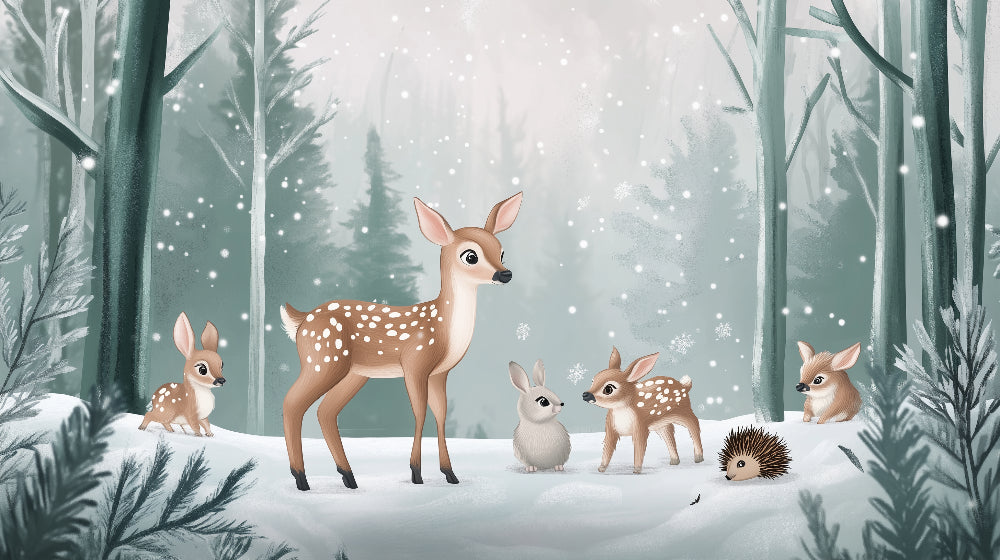 Detailed winter forest mural wallpaper design pattern with deer and woodland animals by Kids-Mundo