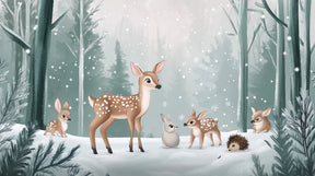Detailed winter forest mural wallpaper design pattern with deer and woodland animals by Kids-Mundo