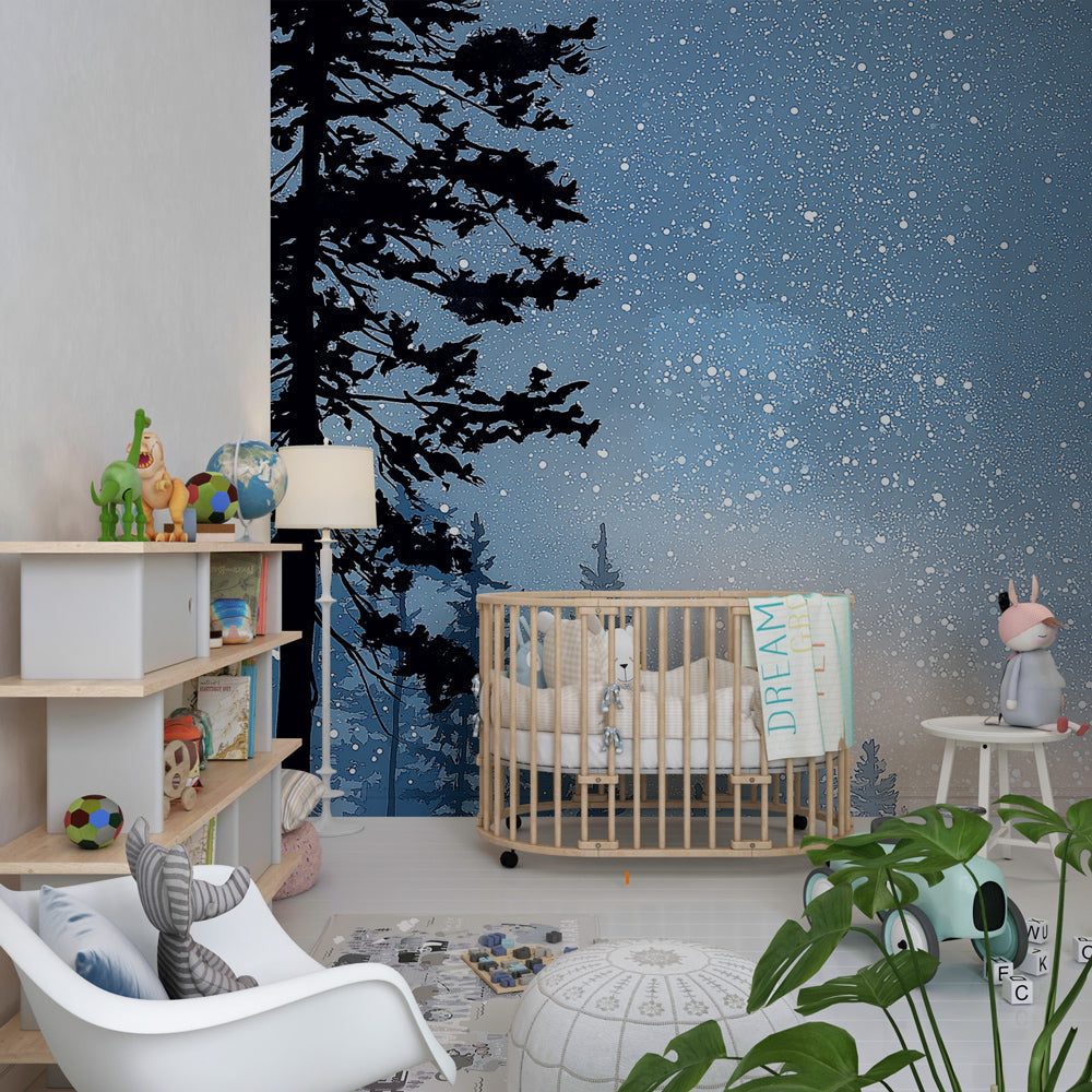 Enchanted snowy forest wallpaper creating magical winter atmosphere in children's bedroom