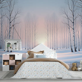 Peaceful birch tree wallpaper creating serene winter atmosphere in children's bedroom
