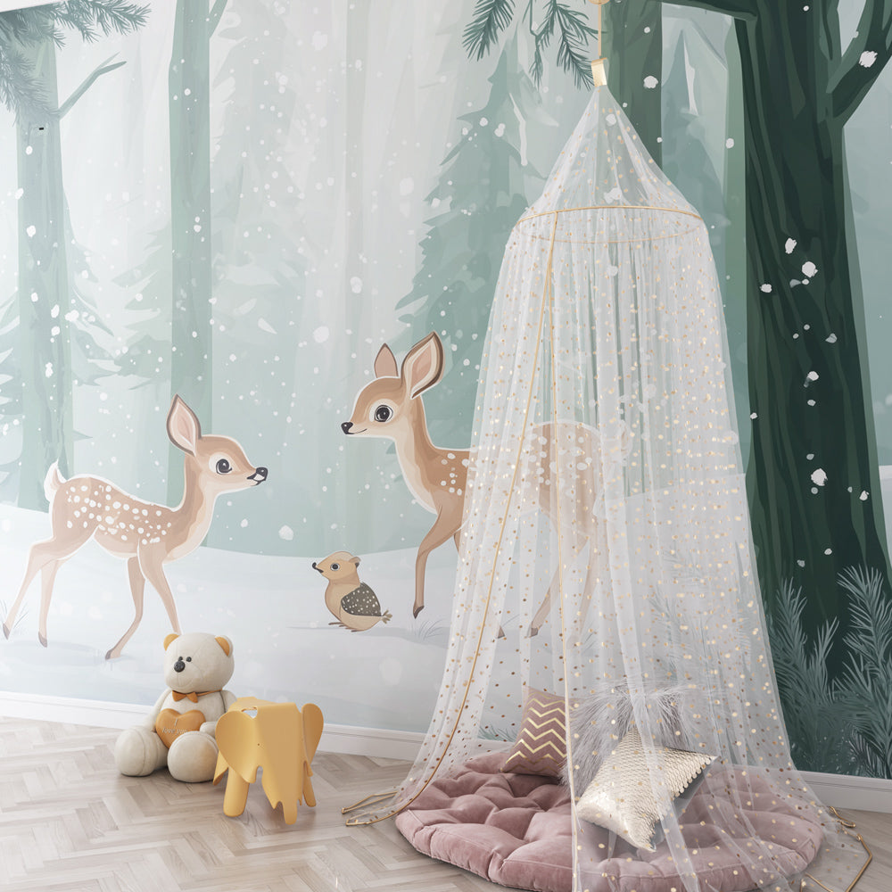 Winter forest mural wallpaper creating magical woodland atmosphere in children's bedroom