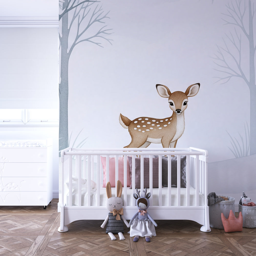 Forest animal wallpaper with deer and squirrel decorating modern kids room by Kids-Mundo