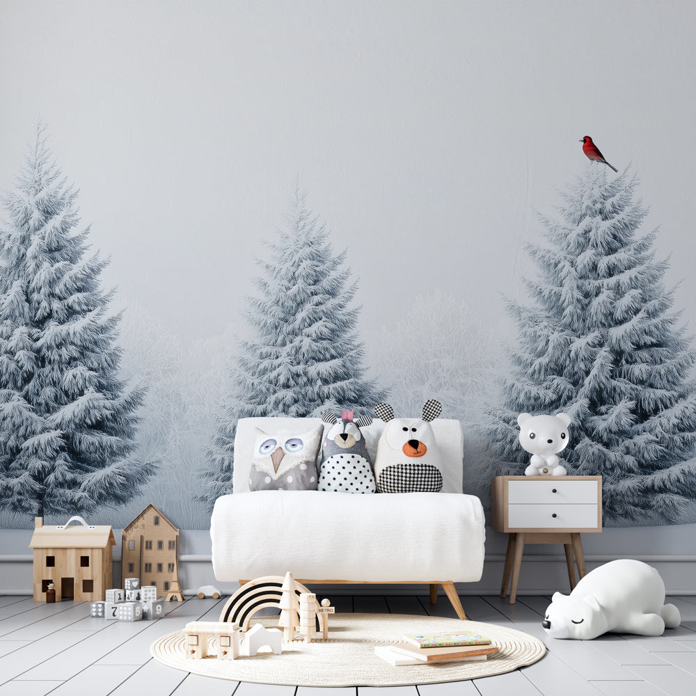 Winter themed mural wallpaper with red cardinal bird decorating cozy kids room interior