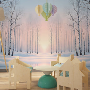 Snow-covered forest mural wallpaper transforming kids room into magical winter wonderland