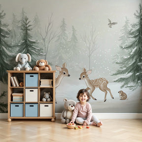 Winter forest mural wallpaper with fawns creating magical nursery decor by Kids-Mundo