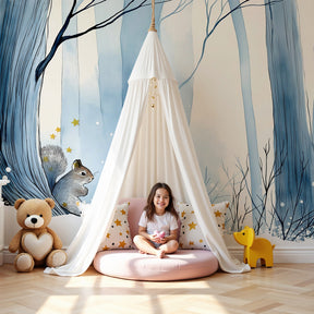 Winter forest mural wallpaper with curious squirrel creating peaceful nursery atmosphere by Kids-Mundo