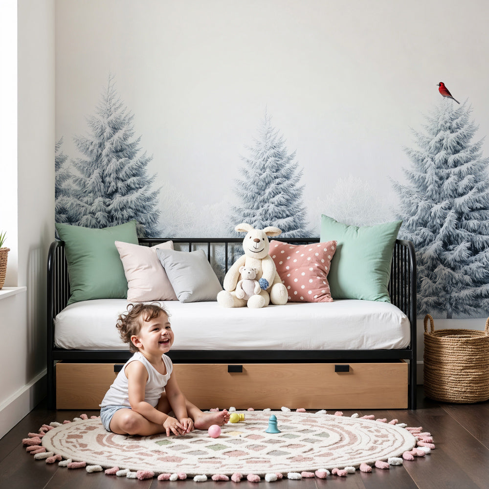 Winter forest mural wallpaper with snowy trees and red cardinal in modern nursery by Kids-Mundo