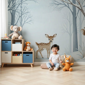 Winter forest mural wallpaper with little deer in peaceful nursery setting by Kids-Mundo