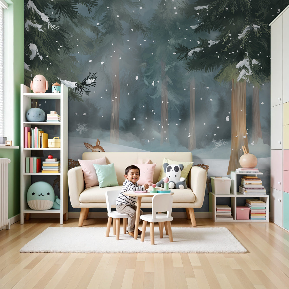 Winter forest mural wallpaper with fawns creating serene nursery atmosphere by Kids-Mundo