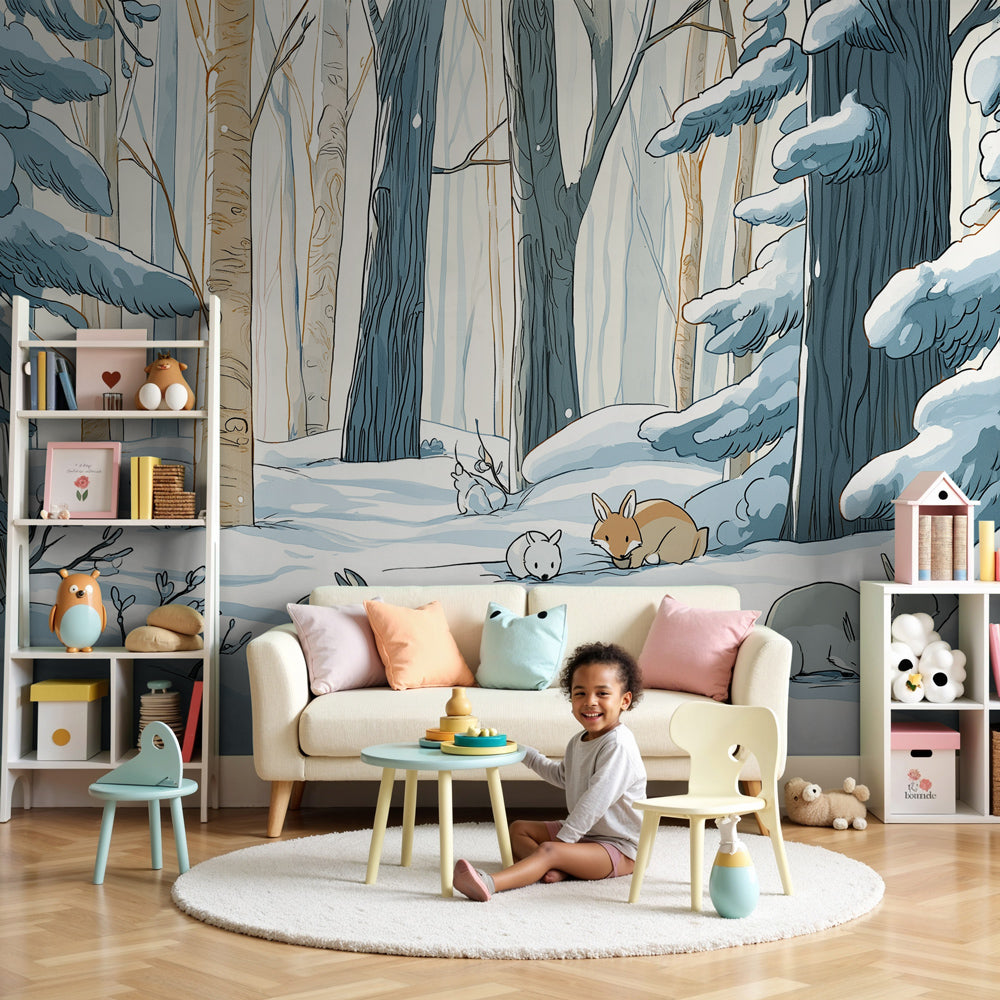 Winter forest mural wallpaper with snowy woodland animals in cozy nursery by Kids-Mundo